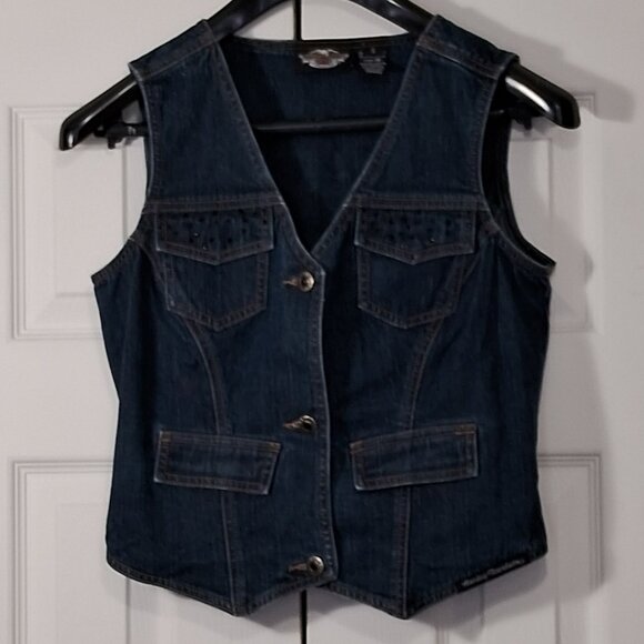 Harley-Davidson Denim Vest Rhinestone Embroidered Logo - Picture 2 of 12
